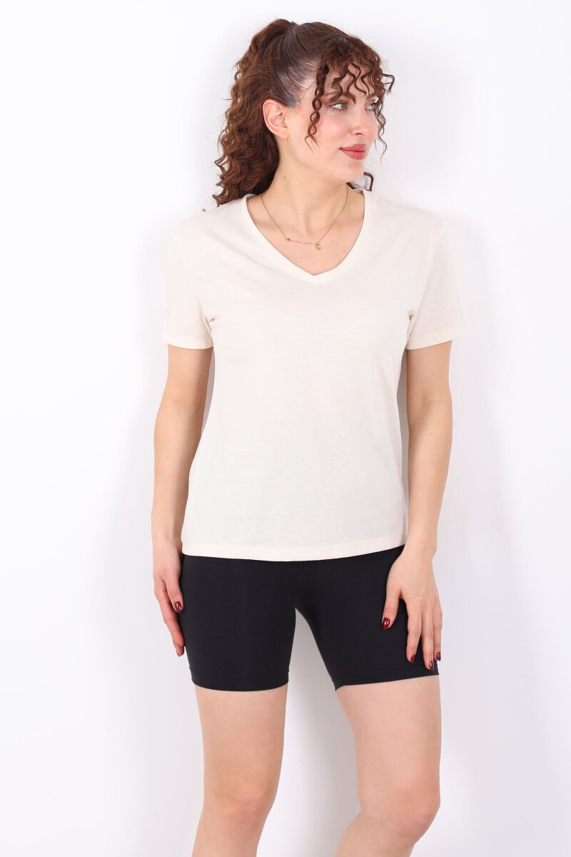 V Yaka Slim Krem Kadın T-Shirt - 4