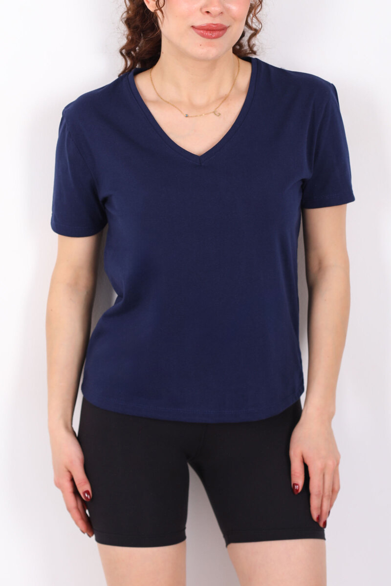 V Yaka Slim Lacivert Kadın T-Shirt - 2