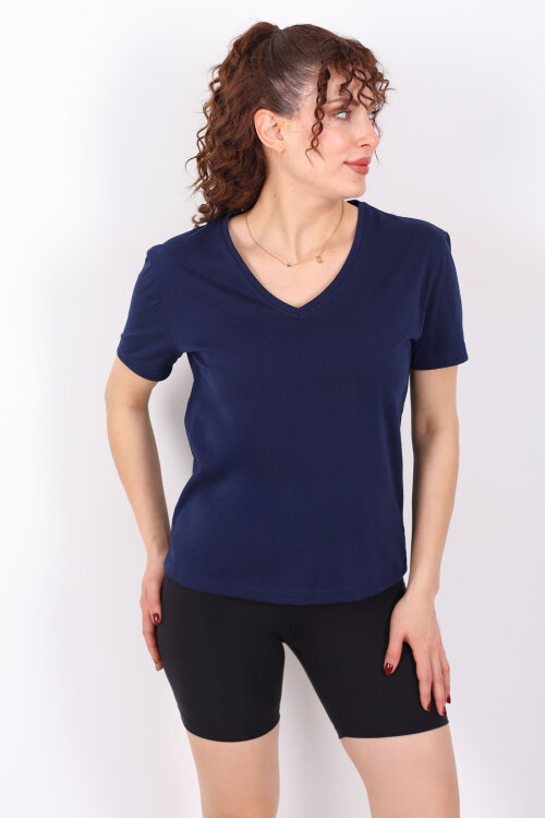 V Yaka Slim Lacivert Kadın T-Shirt - 4