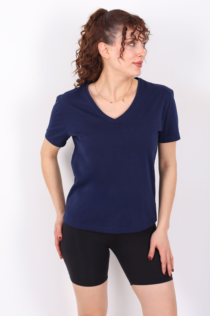 V Yaka Slim Lacivert Kadın T-Shirt - 4