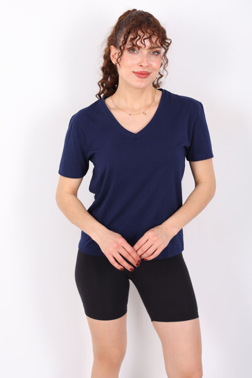V Yaka Slim Lacivert Kadın T-Shirt 