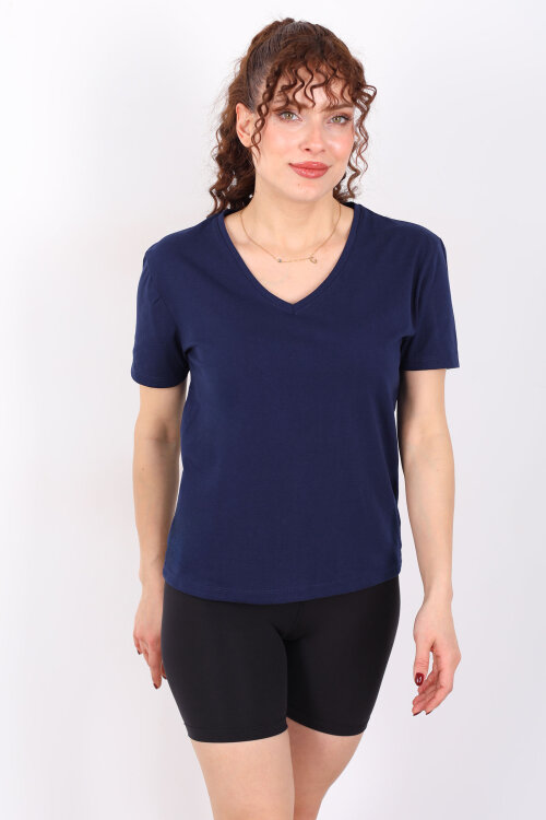 V Yaka Slim Lacivert Kadın T-Shirt - 6