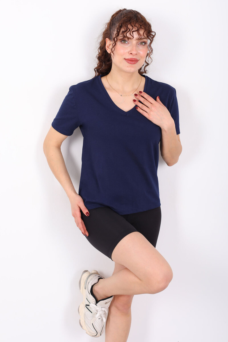 V Yaka Slim Lacivert Kadın T-Shirt - 3