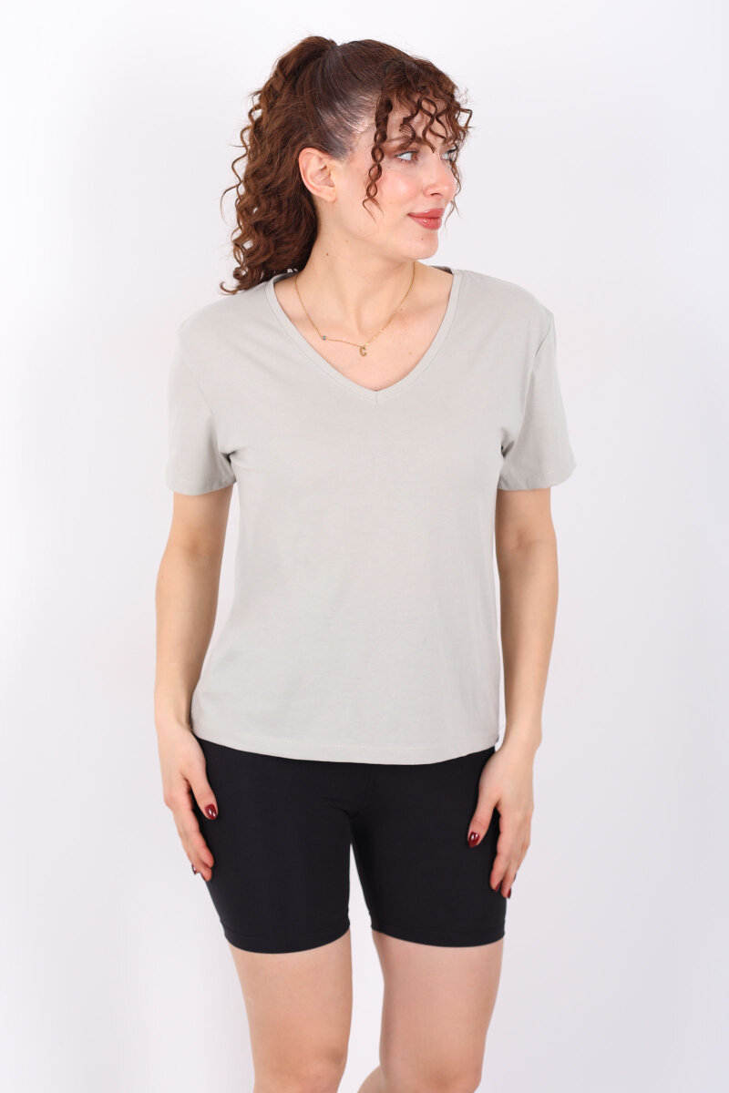 V Yaka Slim Mint Yeşili Kadın T-Shirt - 5
