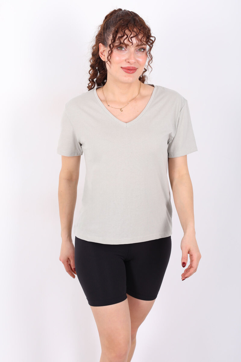 V Yaka Slim Mint Yeşili Kadın T-Shirt - 1