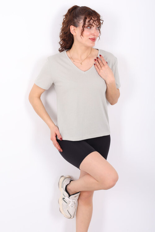 V Yaka Slim Mint Yeşili Kadın T-Shirt - 3