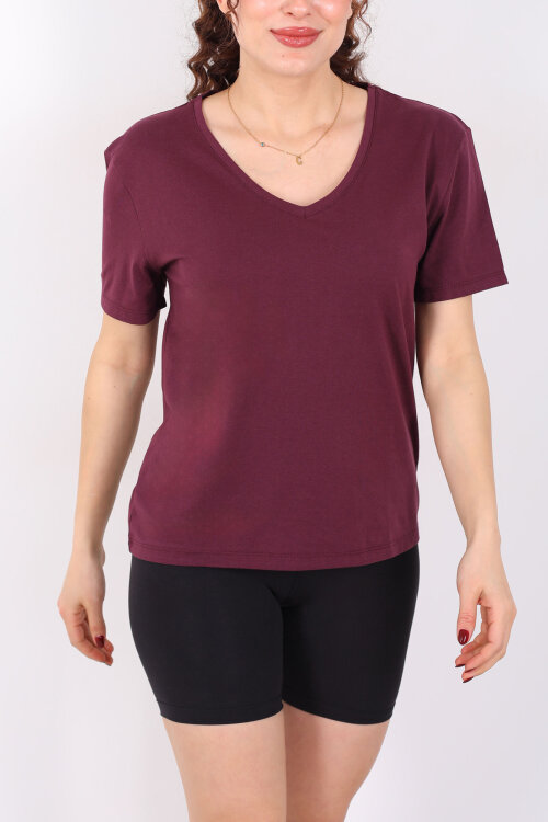 V Yaka Slim Mürdüm Kadın T-Shirt - Berox (1)