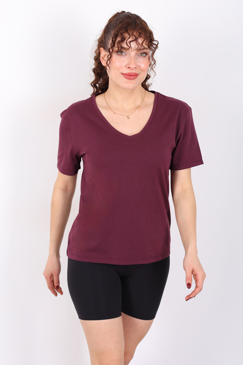V Yaka Slim Mürdüm Kadın T-Shirt - 6