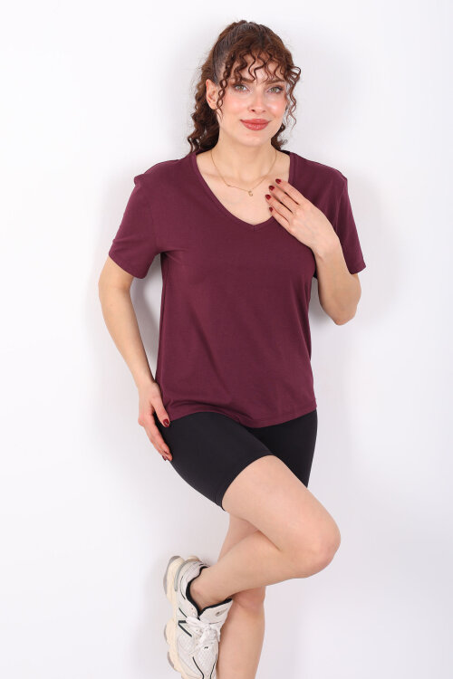 V Yaka Slim Mürdüm Kadın T-Shirt 