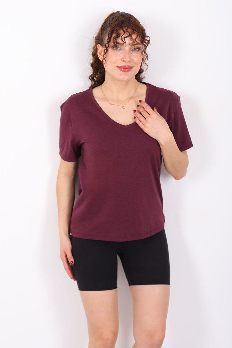 V Yaka Slim Mürdüm Kadın T-Shirt - 4