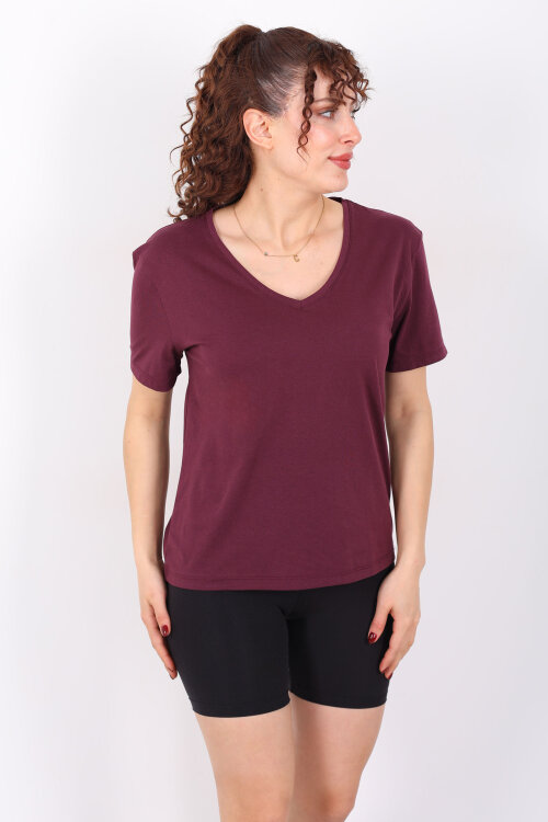 V Yaka Slim Mürdüm Kadın T-Shirt - 3