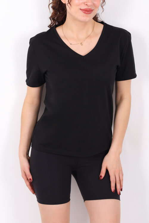 V Yaka Slim Siyah Kadın T-Shirt - 2