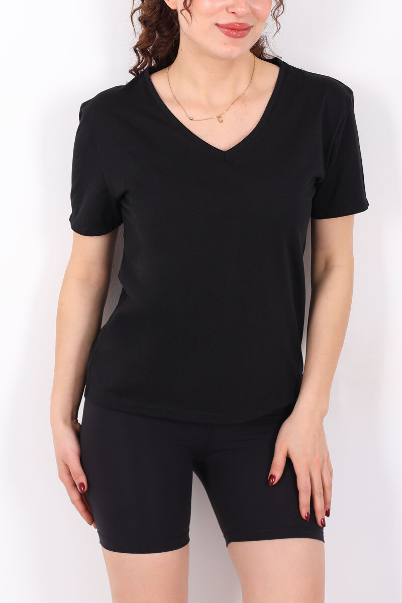 V Yaka Slim Siyah Kadın T-Shirt - 2