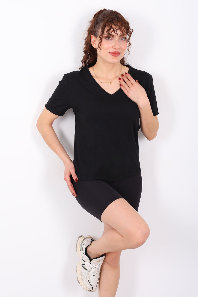 V Yaka Slim Siyah Kadın T-Shirt - 4