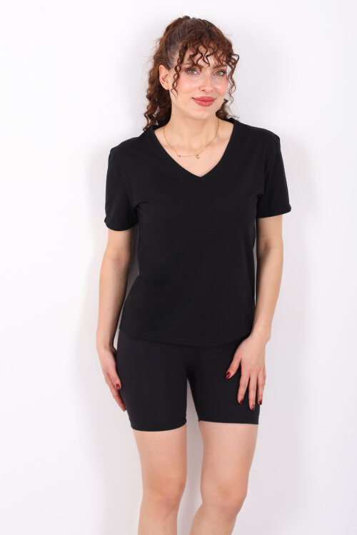 V Yaka Slim Siyah Kadın T-Shirt - 6
