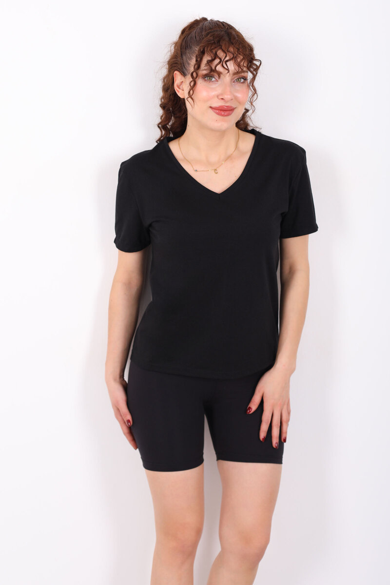 V Yaka Slim Siyah Kadın T-Shirt - 6