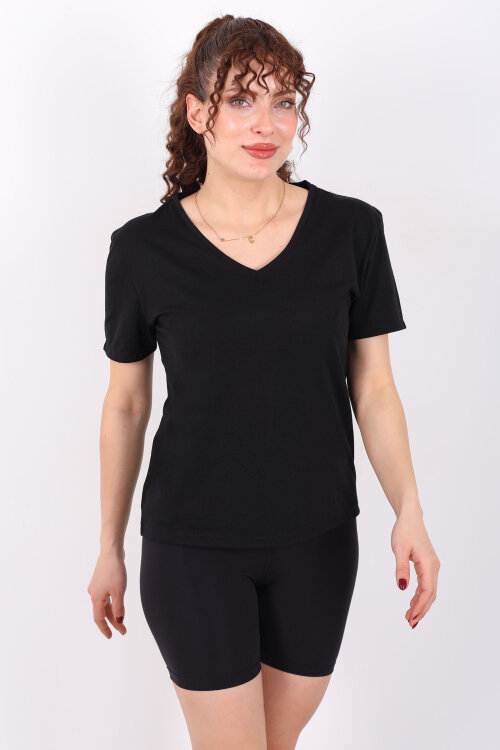 V Yaka Slim Siyah Kadın T-Shirt - 3