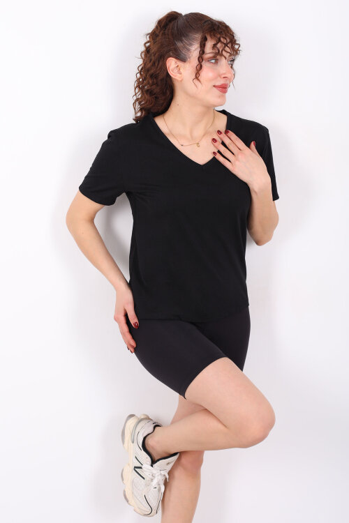 V Yaka Slim Siyah Kadın T-Shirt 