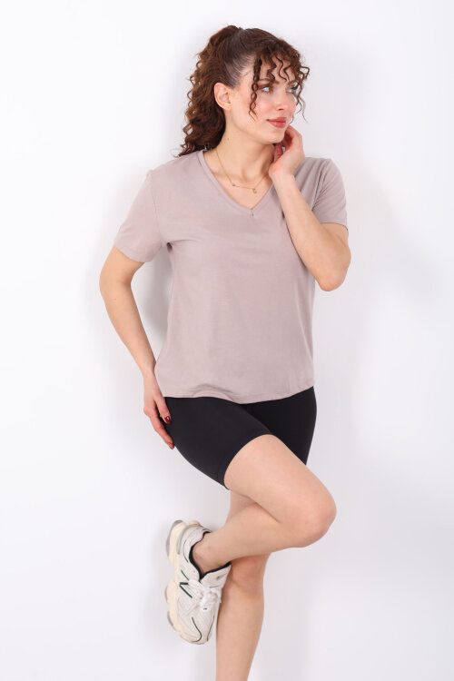 V Yaka Slim Vizon Kadın T-Shirt - Berox