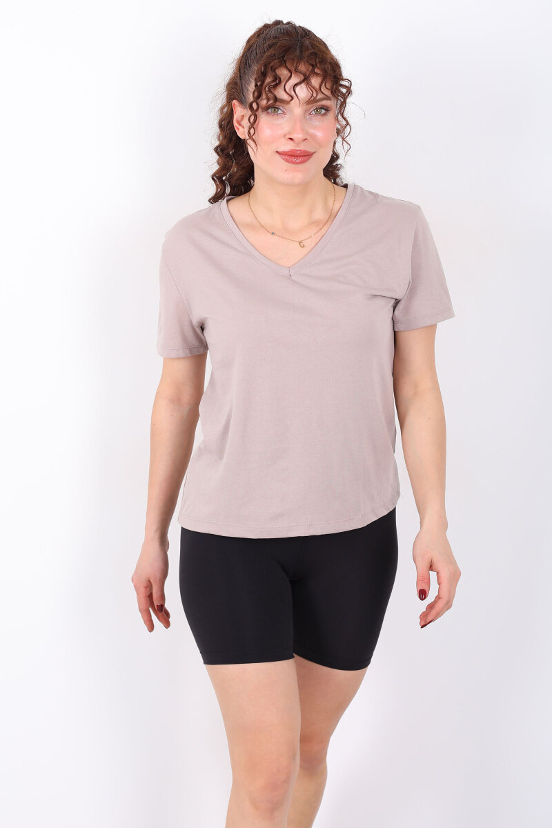 V Yaka Slim Vizon Kadın T-Shirt - 4