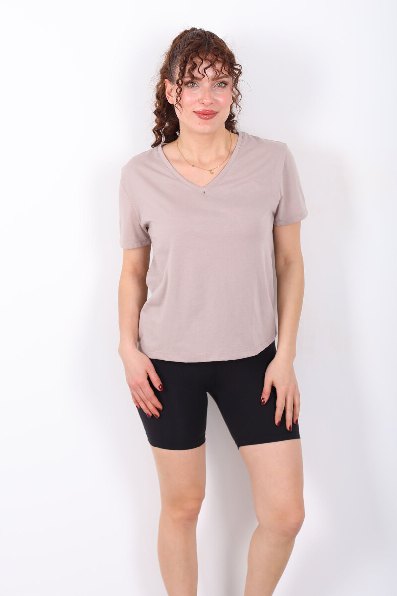 V Yaka Slim Vizon Kadın T-Shirt - 3