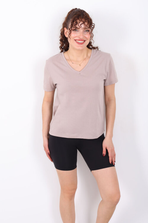 V Yaka Slim Vizon Kadın T-Shirt - 6