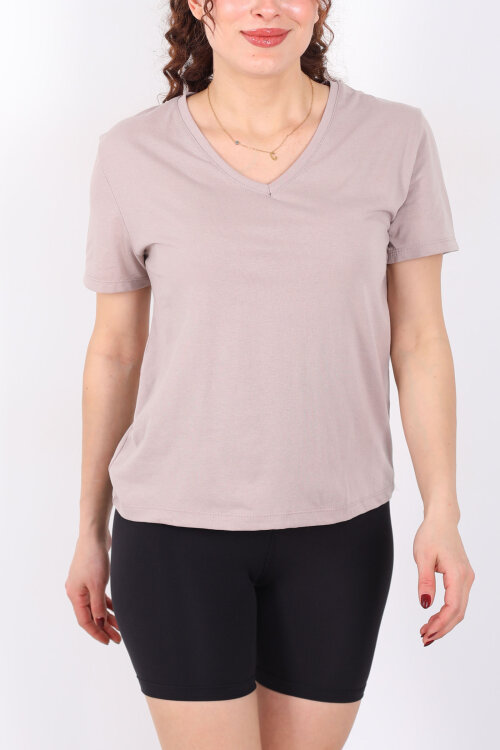 V Yaka Slim Vizon Kadın T-Shirt - Berox (1)