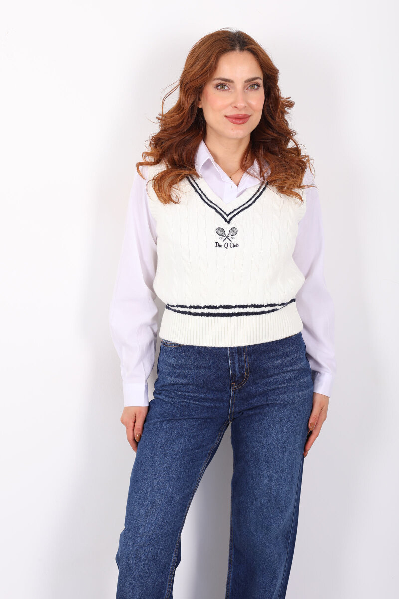 V Yaka Tenis Nakışlı Kadın Ekru Süveter - 6