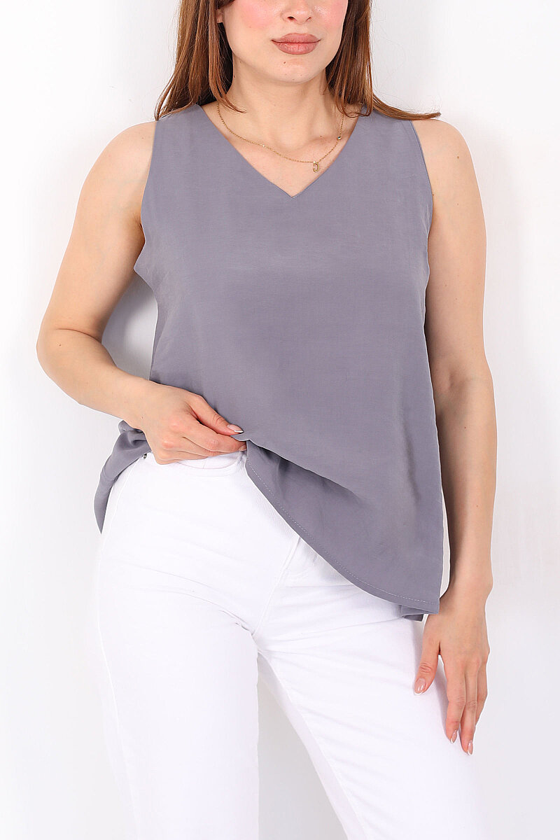 V Yaka Tensel Kolsuz Pervazlı Antrasit Kadın Bluz - 2