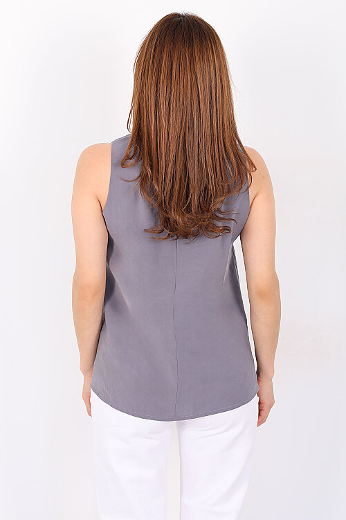 V Yaka Tensel Kolsuz Pervazlı Antrasit Kadın Bluz - 4