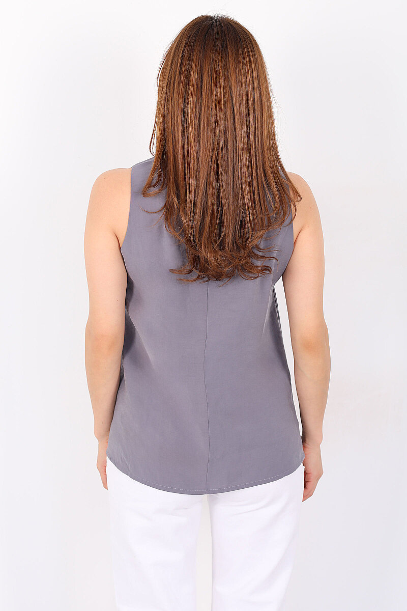 V Yaka Tensel Kolsuz Pervazlı Antrasit Kadın Bluz - 4