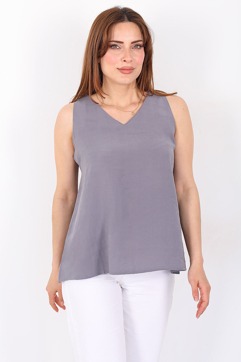 V Yaka Tensel Kolsuz Pervazlı Antrasit Kadın Bluz - 3