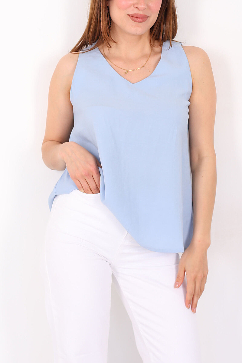 V Yaka Tensel Kolsuz Pervazlı Bebe Mavi Kadın Bluz - 2