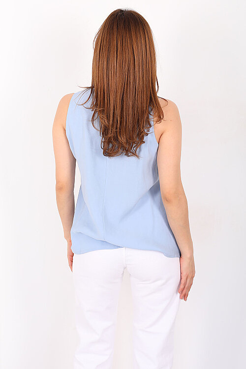 V Yaka Tensel Kolsuz Pervazlı Bebe Mavi Kadın Bluz - 5