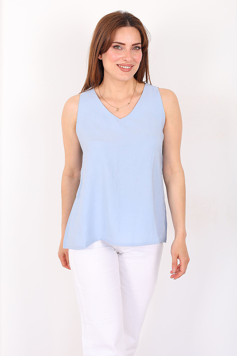 V Yaka Tensel Kolsuz Pervazlı Bebe Mavi Kadın Bluz - 4