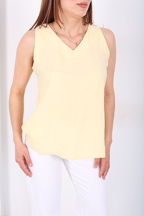 V Yaka Tensel Kolsuz Pervazlı Sarı Kadın Bluz - 2