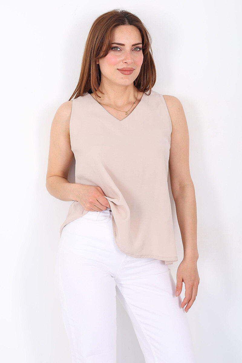 V Yaka Tensel Kolsuz Pervazlı Taş Rengi Kadın Bluz - 1