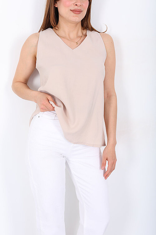 V Yaka Tensel Kolsuz Pervazlı Taş Rengi Kadın Bluz - 2