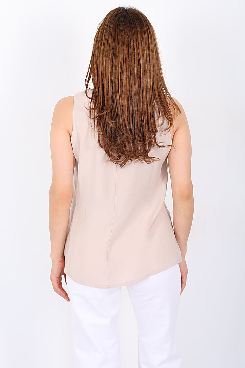 V Yaka Tensel Kolsuz Pervazlı Taş Rengi Kadın Bluz - 4