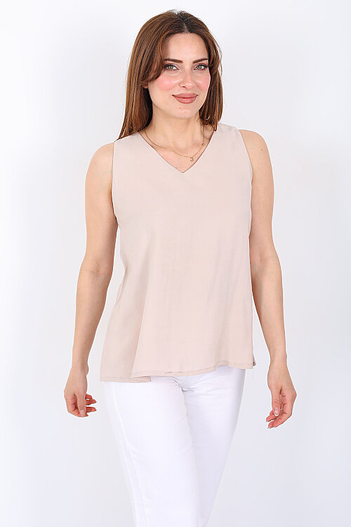 V Yaka Tensel Kolsuz Pervazlı Taş Rengi Kadın Bluz - 3