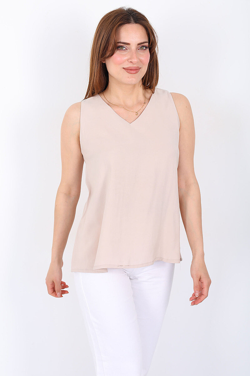 V Yaka Tensel Kolsuz Pervazlı Taş Rengi Kadın Bluz - 3