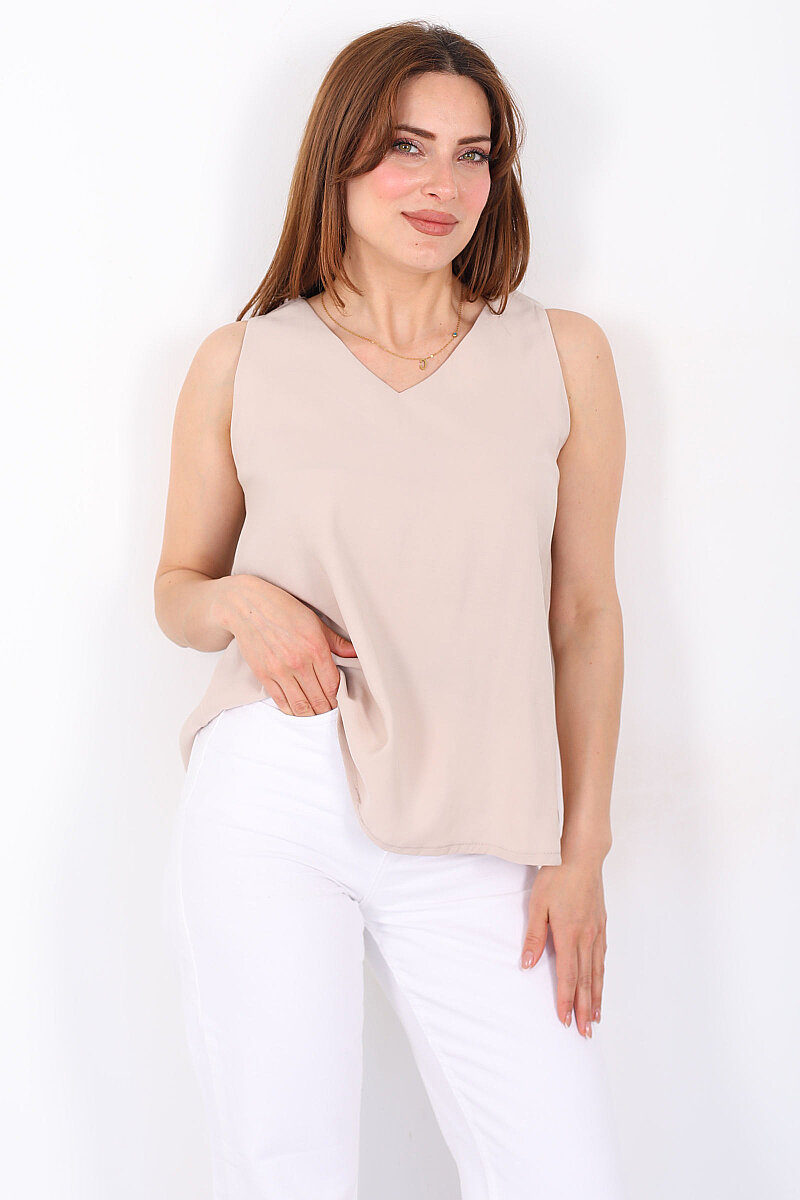 V Yaka Tensel Kolsuz Pervazlı Taş Rengi Kadın Bluz - 5
