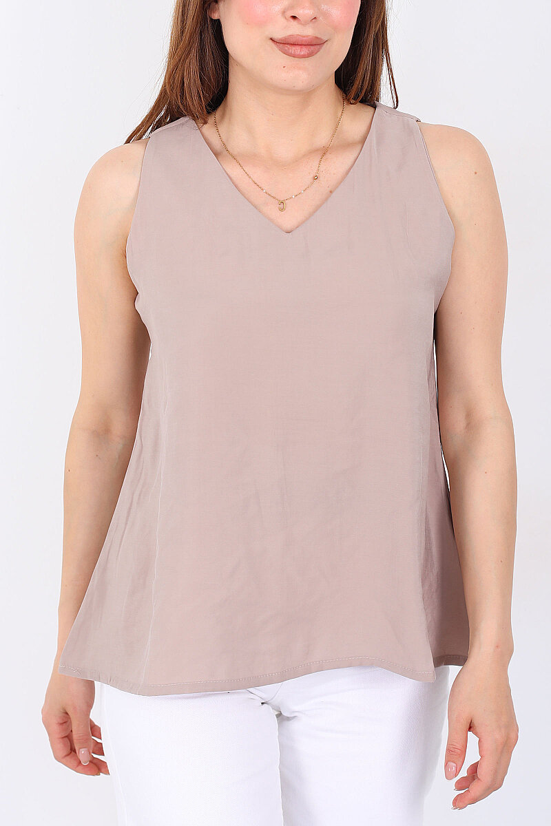 V Yaka Tensel Kolsuz Pervazlı Vizon Kadın Bluz - 2