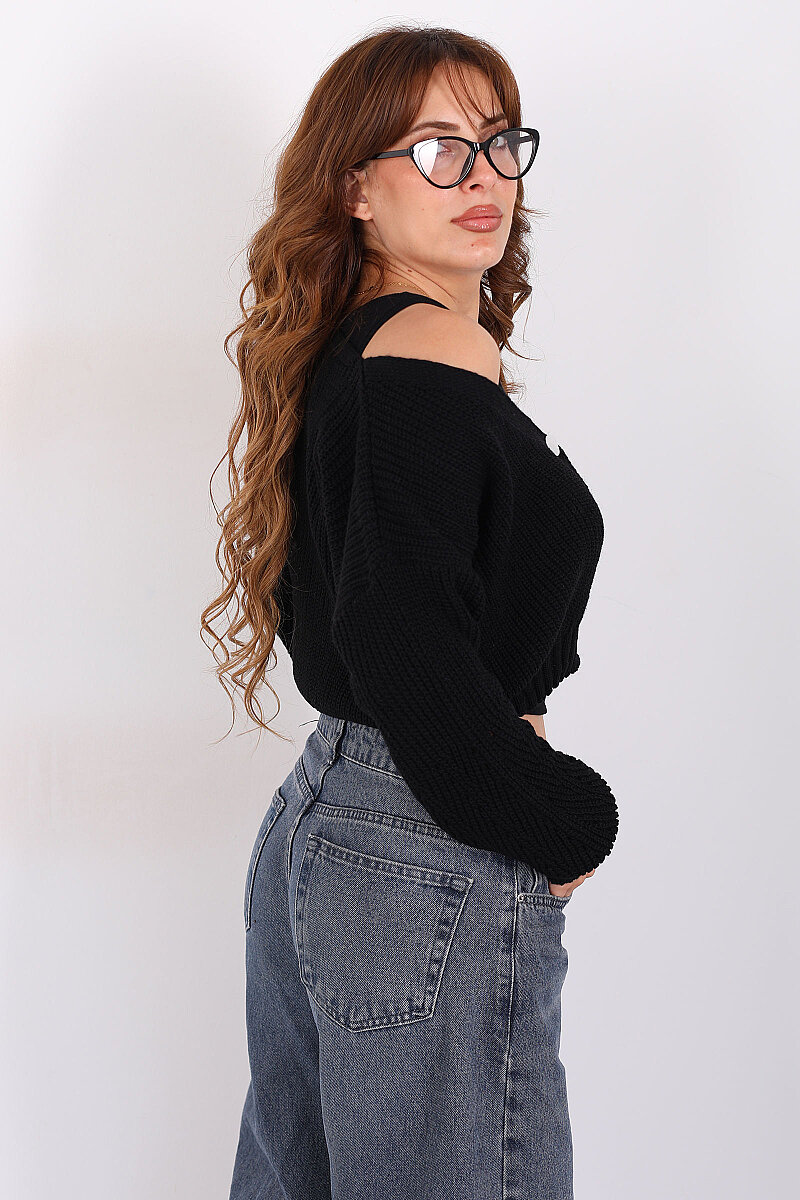 V Yaka Uzun Kol Düğmeli Siyah Kadın Triko Hırka - 4