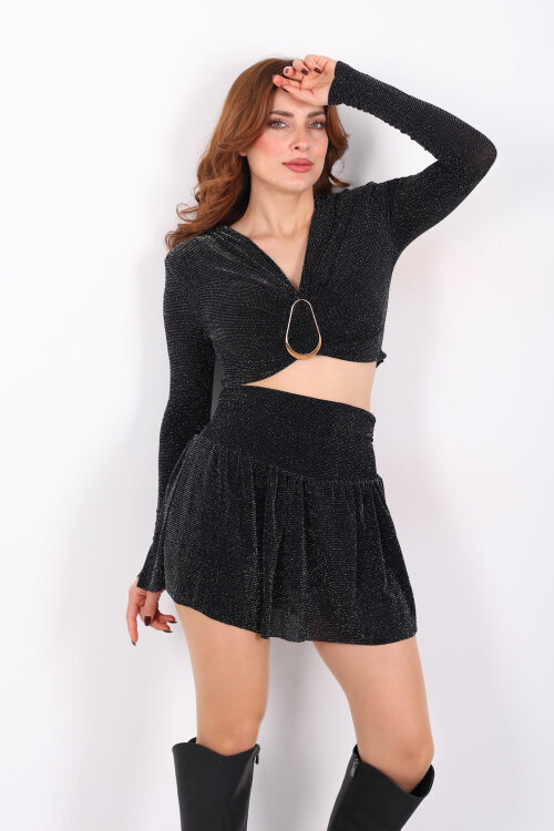 V Yaka Vatkalı Aksesuar Detaylı Siyah Kadın Simli Crop - 3