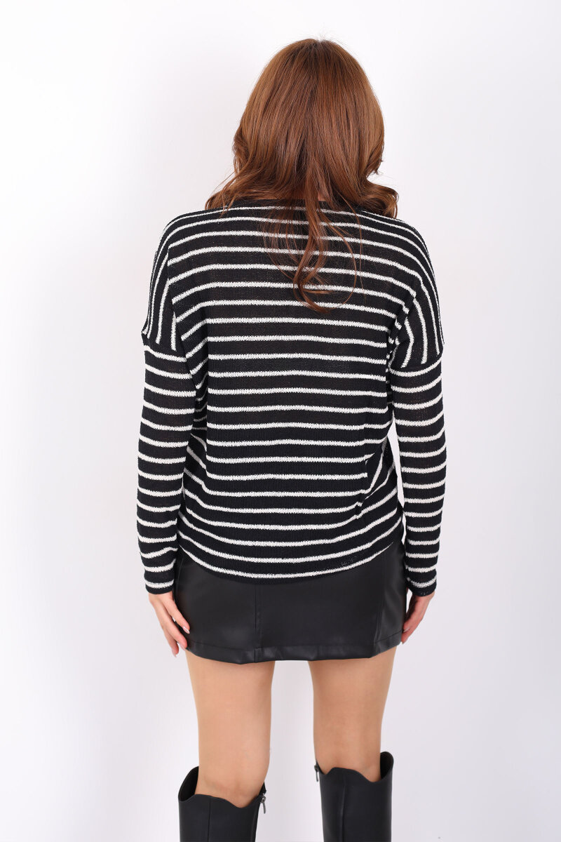 V Yaka Verev Çizgili Kadın Merserize Siyah Triko Kazak - 5