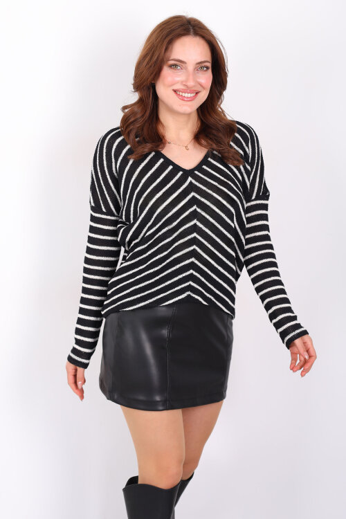 V Yaka Verev Çizgili Kadın Merserize Siyah Triko Kazak - 6