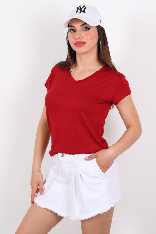 V Yaka Viskon Bordo Kadın T-Shirt - 3