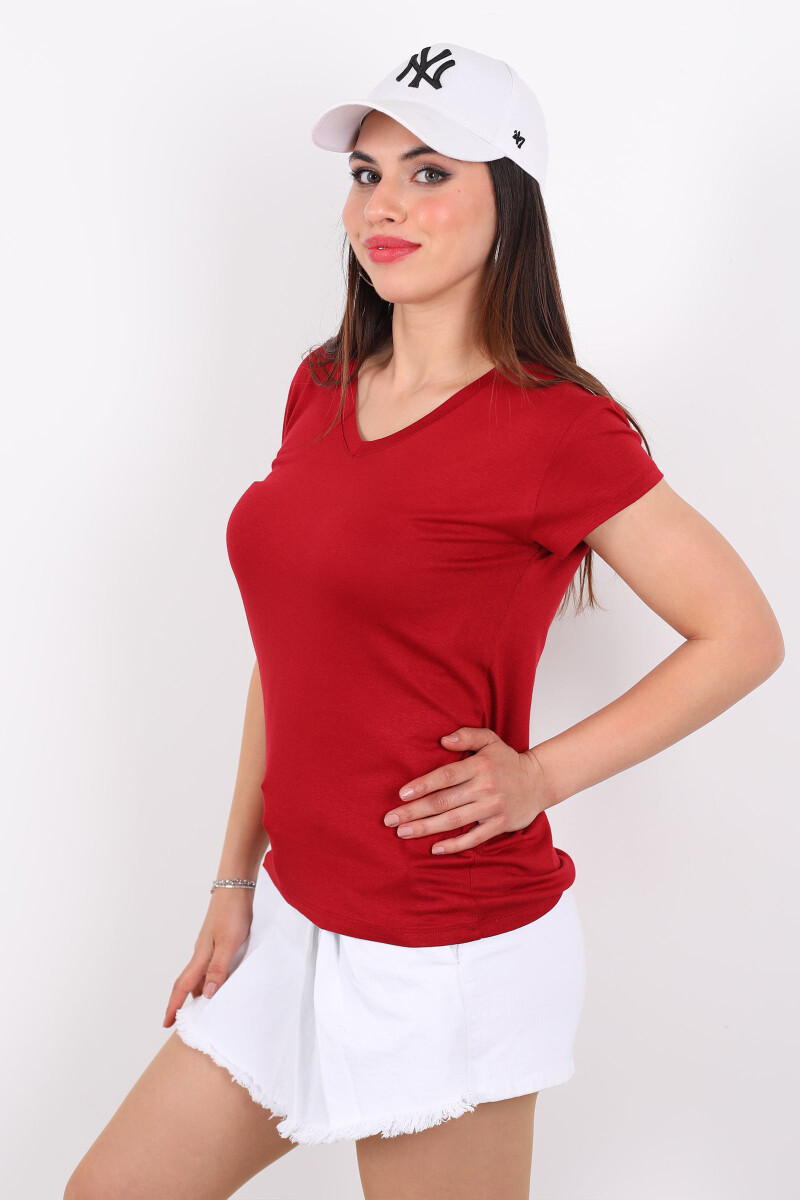 V Yaka Viskon Bordo Kadın T-Shirt - 4