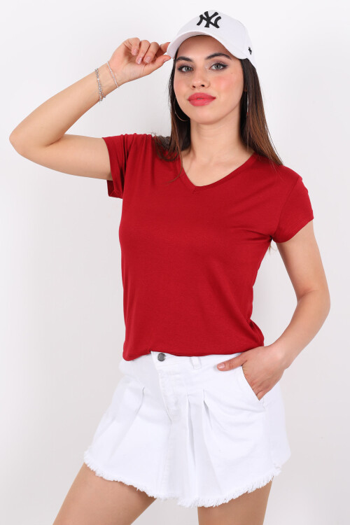 V Yaka Viskon Bordo Kadın T-Shirt 